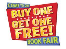 clip art text that reads "Come to our buy one get one free book fair"