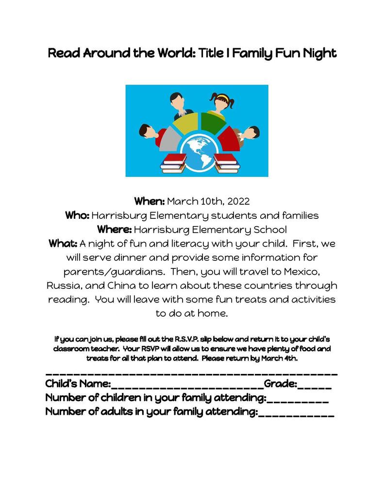 Flyer containing details of the Harrisburg R-VIII Title 1 Literacy Event for Elementary Families