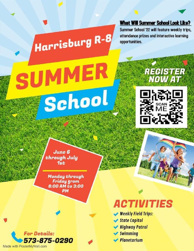 Summer school flyer with QR code to scan to enroll