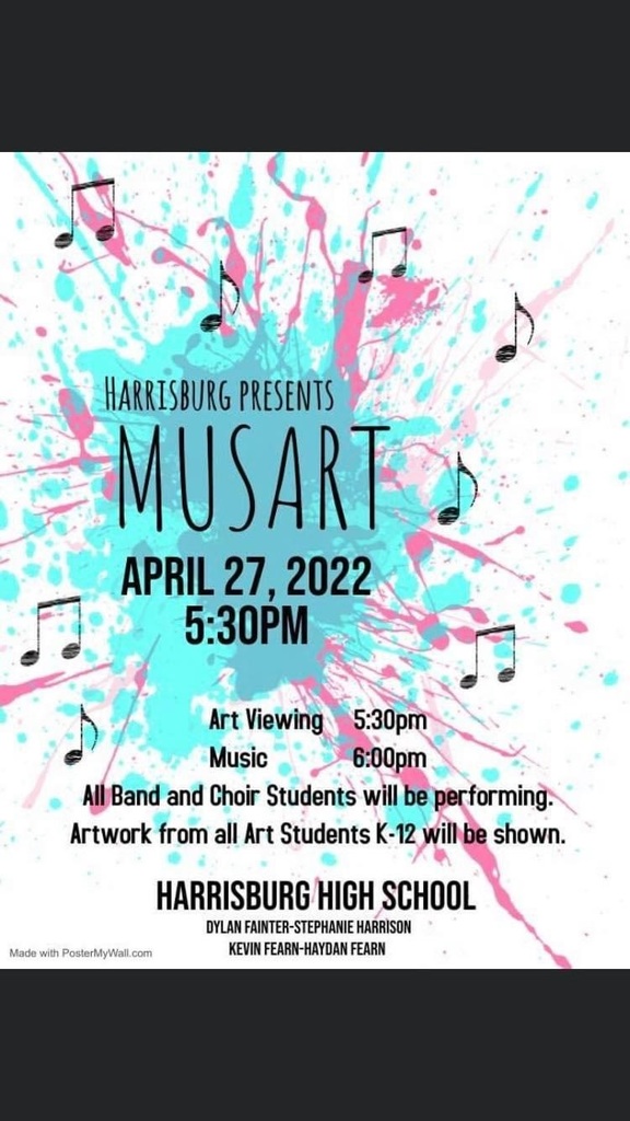 Poster with MusArt times and event details. white background with blue and pink paint splatter.