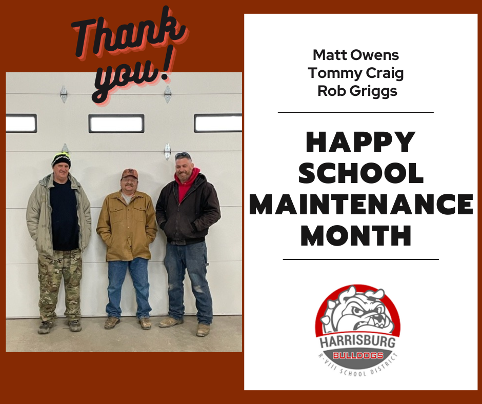 Maintenance Month graphic with thank you message to and photo of Rob Griggs, Matt Owens, and Tommy Craig